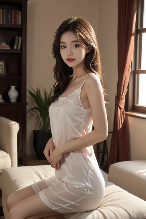 1 Girl,living room,Soft Light,Chinese Beauty,Tight Fit,Silk Nightdress,