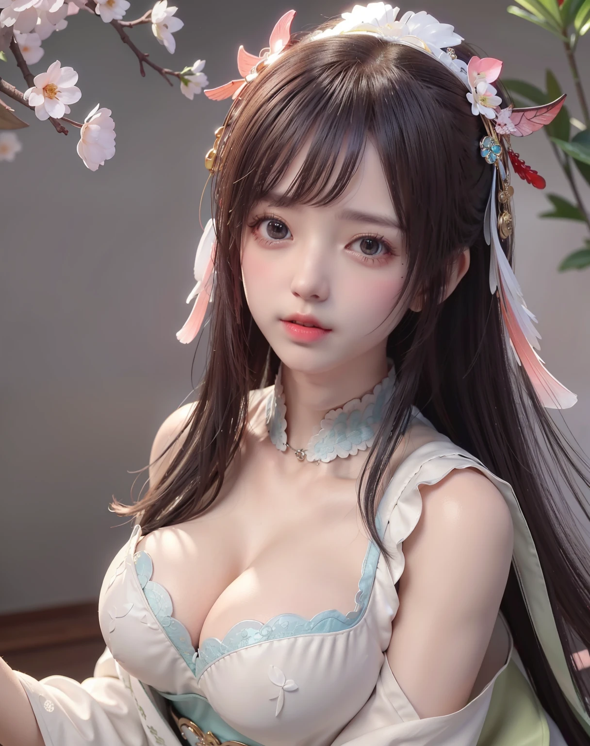 (8k, RAW photo:1.2), best quality, ultra high res,dramatic angle,(fluttered detailed color splashs), (illustration),(((1 girl))),(long hair),(rain:0.9), (Headdress:1.4),There is an ancient palace beside the girl,Hanfu,(Key Points),Color ink painting,(Splash of Color),Splash of Color,(((colorful))),(sketch:0.8) , Masterpiece, best quality, beautiful painted, highly detailed,(denoising:0.6),[splash ink],((ink refraction)), (beautiful detailed sky),moon,highly,detaild,(masterpiece, best quality, extremely detailed） CG Unity 8k Wallpaper，masterpiece，best quality，Ultra Detailed），（Lycoris）. hanfu open v open V-chested clothes Thin silk lace dress , (huge ，cleavage),, white pink and gren，best qualtiy，tmasterpiece，Ultra-high resolution，（Reality：1.4），RAW photogr，（True skin texture：1.3），（filmgrain：1.3），（Selfie angle），1个Giant Breast Girl，Beautiful eye and face details，tmasterpiece，Best quality at best，，The chest more exposed， detailed brapurple and green , detail 8k, upper body, lace petticoat. bottom position looking up,  blush、Inject an aphrodisiac、Estrus、Feeling embarrassed. 