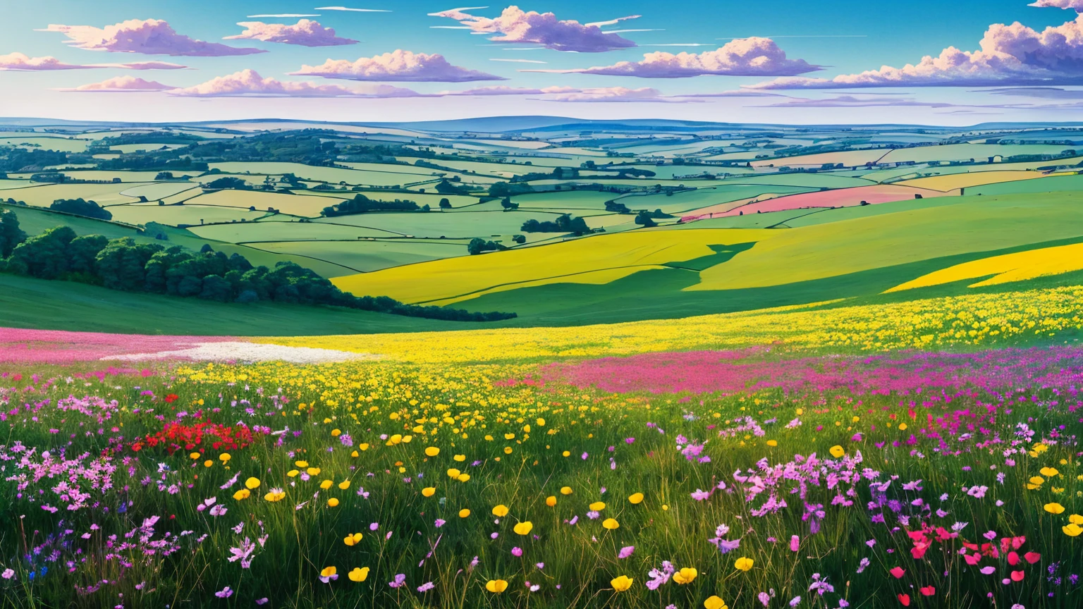 The painting depicts a vast expanse of wildflowers, stretching towards a distant horizon. The field is a riot of color, with various hues of pink, purple, yellow, and white dominating the scene. Individual blooms, such as daisies, poppies, and buttercups, can be discerned amidst the sea of color. The flowers appear delicate, with dew-kissed petals glistening in the morning sunlight.
The sky above is a clear, brilliant blue, punctuated by fluffy white clouds. The sunlight casts long, dancing shadows of the flowers onto the green carpet of grass. In the distance, a gentle hill rises, its slopes covered in a patchwork of fields and woodland.