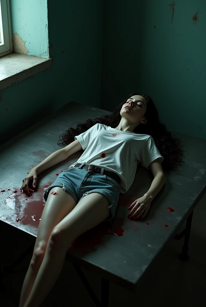 ((melhor qualidade)) ((hiper realista)) ((Hiper detalhado)) corpse of a Very pale hot and beautiful brunette girl, with beautiful body and leg, beautiful nose, beautiful mouth, longe curly hair, Very Very big boobs, dressing sexy t-shirt and shorts, dead by gunshots, small wholes in your body by The gunshots, blood dripping of your body, closed eyes, in mortuary
