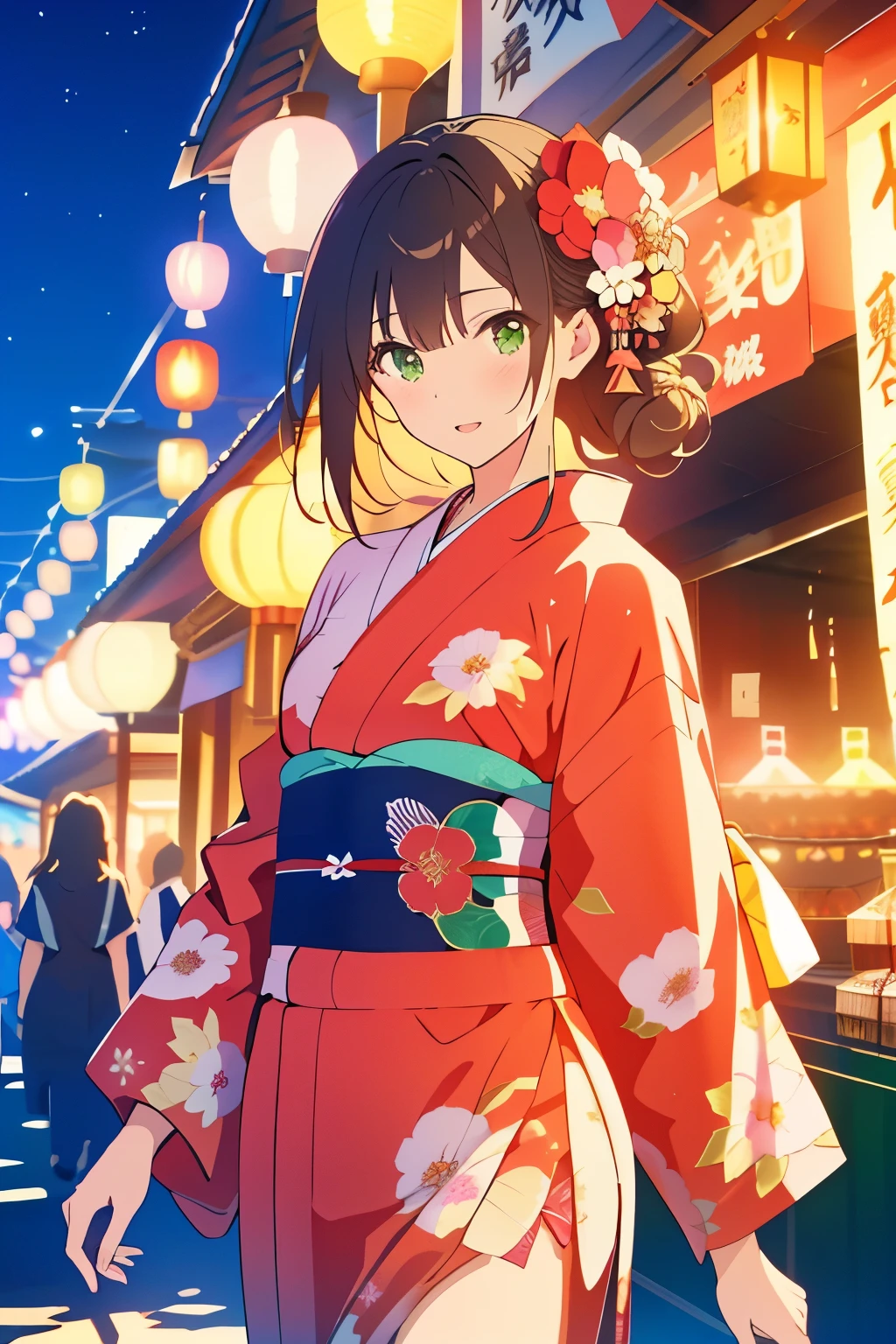 ((masterpiece, Highest quality, High resolution, 超High resolution, Pixel perfect, Written boundary depth, 4K, RTTX 10.0, High resolution))), 1 person, single, alone, Beautiful Anime, Beautiful art style, Anime characters, ((Shortcuts, bangs, Dark brown hair)), ((Green Eyes:1.4, Round eyes, Beautiful eyelashes, current eyes)), ((Smooth texture:0.75, Anime CG style)), ((Dynamic Angle, close)), Perfect body, (cute), Normal chest, whole body, ((4K, 8k, Highest quality, Perfect Fingers: 1.3, Perfect ???????: 1.3, Background Blur)), whole bodyアングル, Illustration of people wearing yukata enjoying the summer festival, The character is wearing a gorgeous floral yukata., Hair is tied up, Cool-looking hairpins are on display, She has a candy apple in her hand, They are happily touring the food stalls., In the background, fireworks sparkle in the night sky and street stalls are lined up with lanterns., The lively and energetic scenery of the summer festival unfolds., Overall enjoyable, Seasonal atmosphere