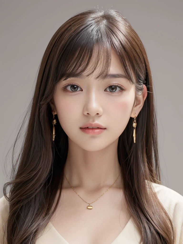 ((Highest quality, 8k, masterpiece:1.3)), concentrate: 1.2, Perfect body beauty: 1.4, Hips: 1.2, ((Long Hair, chest: 1.2)), (Dry clothes: 1.1) , (clear, Simple Background:1.3), Simple clothes: 1.1, Highly detailed face and skin texture,Delicate eyes, double eyelid, Whitened skin, Rough skin、Long Hair、bangs、Simple earrings、necklace、 solo、Beige coat、White shirt, (((Beautiful girl with cute Japan)))、 ((Beautiful 20-year-old Japanese))、 ((Baby Face))、 (((Slender body)))、 Upper Body,Face focus、necklace,Simple Background,From above, Realistic Hair、 A photograph was taken:Canon EOS R6、135mm、1/1250 seconds、f2.8、ISO400、(Detailed explanation of the hand)、(Masseter muscle area)、(Exquisite CG)、Long Hair, loose and curly hair、Korean Hair、Long Hair明るいベージュ色、グラデーションハイライトグレージュのゆるふわLong Hairスタイル、