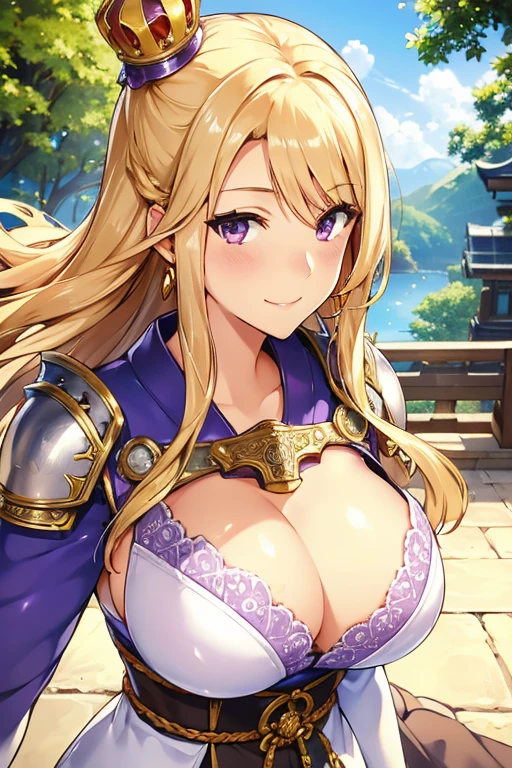 One Woman, 30 years old, solo, Long Hair, Blonde, Hair blowing in the wind, ((Large Breasts)), Cleavage, Crescent-shaped earrings, Purple eyes, A seductive smile, Character portrait, View from the outside, Crown, White armor, Ornate Decorative Armor, Staring at the audience, Ultra-detailed, fantasy castle, Japanese illustration style, 