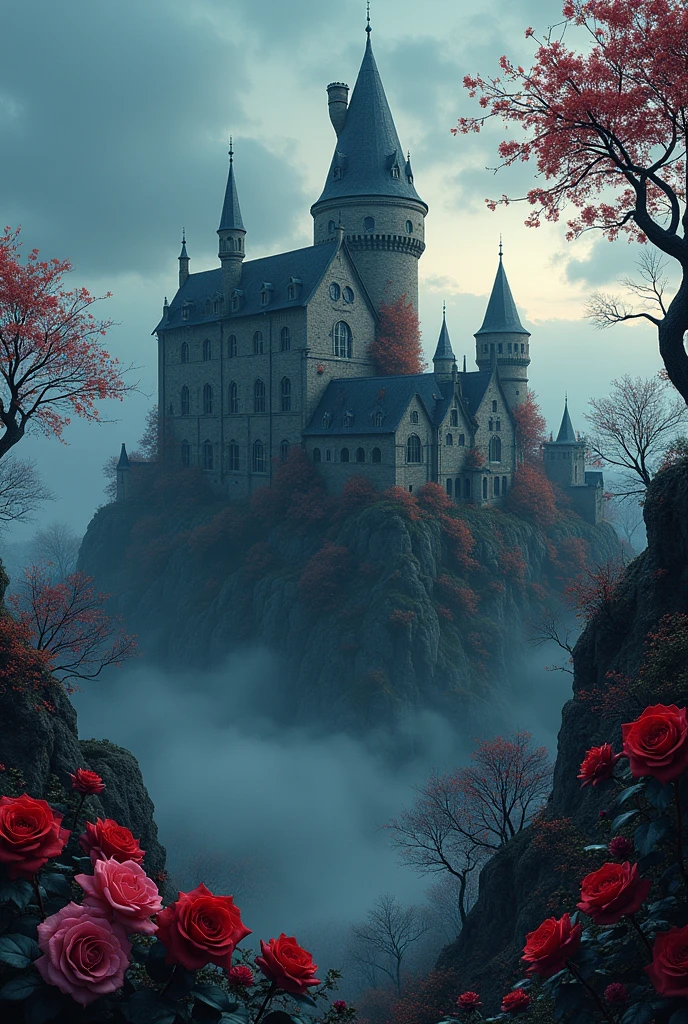 Dark Anime Castle overgrown with a ll color of roses
