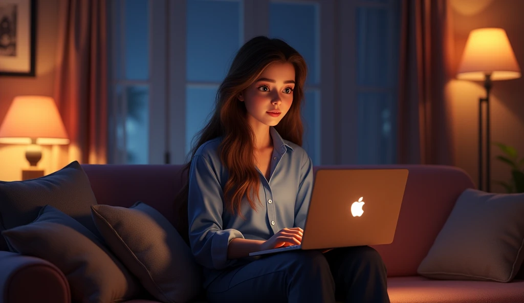 An 22 year old girl brown hair sitting in living room and using laptop at night animated ,3d render wearing trouser and shirt