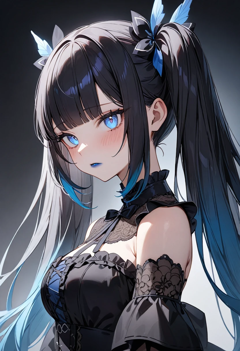 (masterpiece, top quality, very aesthetic, 4k、illustration), intricate detail, 1woman,solo,contrapposto 、from side、(gradient eyes、tareme)、Strong glowing eyes、blunt bangs,Fair skin,(upper body)、cold face、twintails、Cold Stare、(Blue lipstick),beautiful face、Blushing,(gradient hair)、multicolored hair,middle hair,sidelock ,blue eyes、Shoulderless gothic ta dress、medium breasts、slender 、