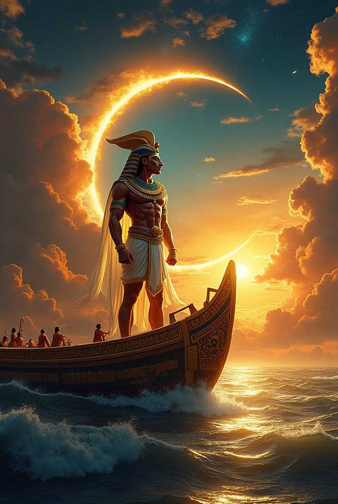 Ra on his solar barque with a solar eclipse