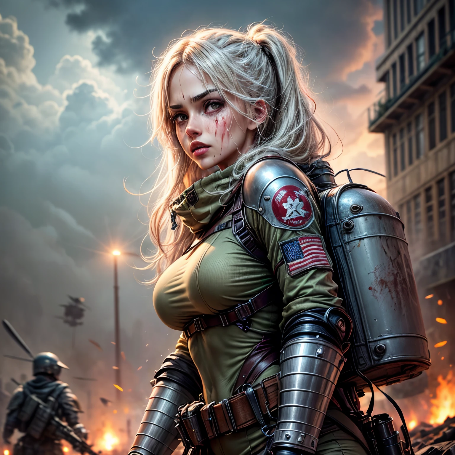 Postapocalyptic combat scene with a Beautiful hyperrealistic photograph of cute Young Swedish woman with Runic tattoos, ((dirty face Blood splattered)), (((wearing full heavy mecha armor, combat harness, Neon highlights))) Short Red Dreadlocks, combat pose, (((Holding on to the side of a combat Sci-Fi Combat helicopter))), exterior of Destroyed building, Fires, Smoke, debris, Camo netting, Ammo Boxes, Rain, Stormy, Wet, abstract beauty, near perfection, pure form, intricate detail, 8k post-production, High resolution, super Detail, trending on ArtStation, sharp focus, studio photos, intricate detail, Very detailed, By Greg Rutkowski