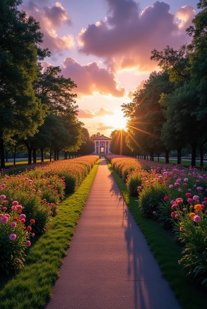 Twilight, park, a straight path, flowers