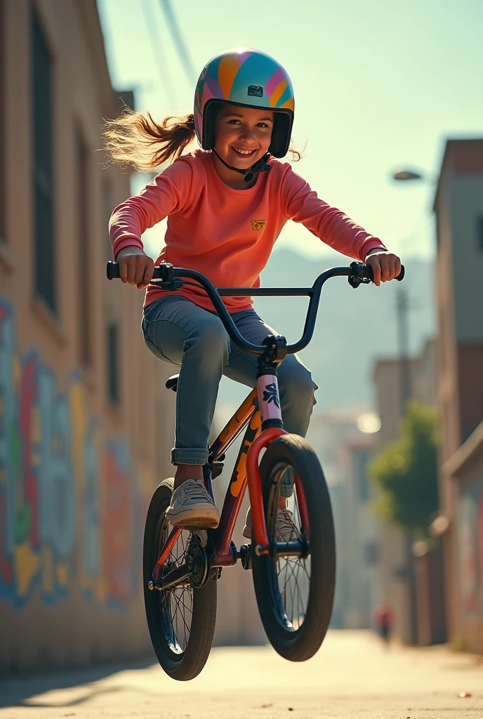 A young girl doing BMX freestyle tricks, big smile, showcasing her skills and passion, detailed face and expression, athletic body, dynamic motion, colorful BMX bike, outdoor urban setting, vibrant colors, cinematic lighting, photorealistic, highly detailed, 16k, masterpiece, dynamic angle