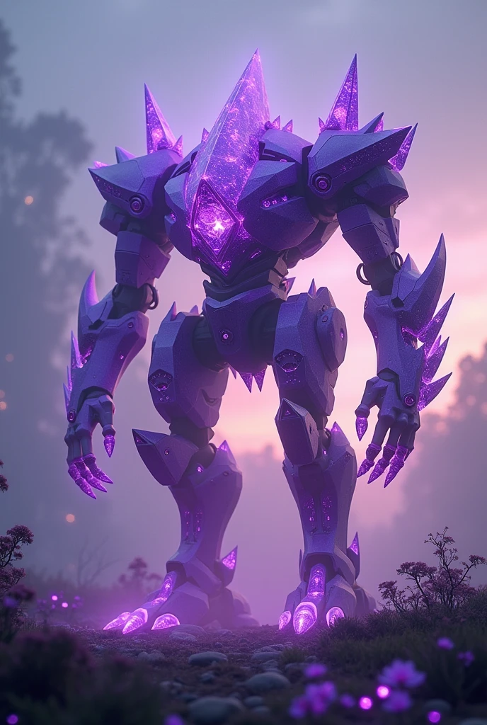 purple crystal-like jagged bodied mechanoid with straight jagged legs and is floating above ground