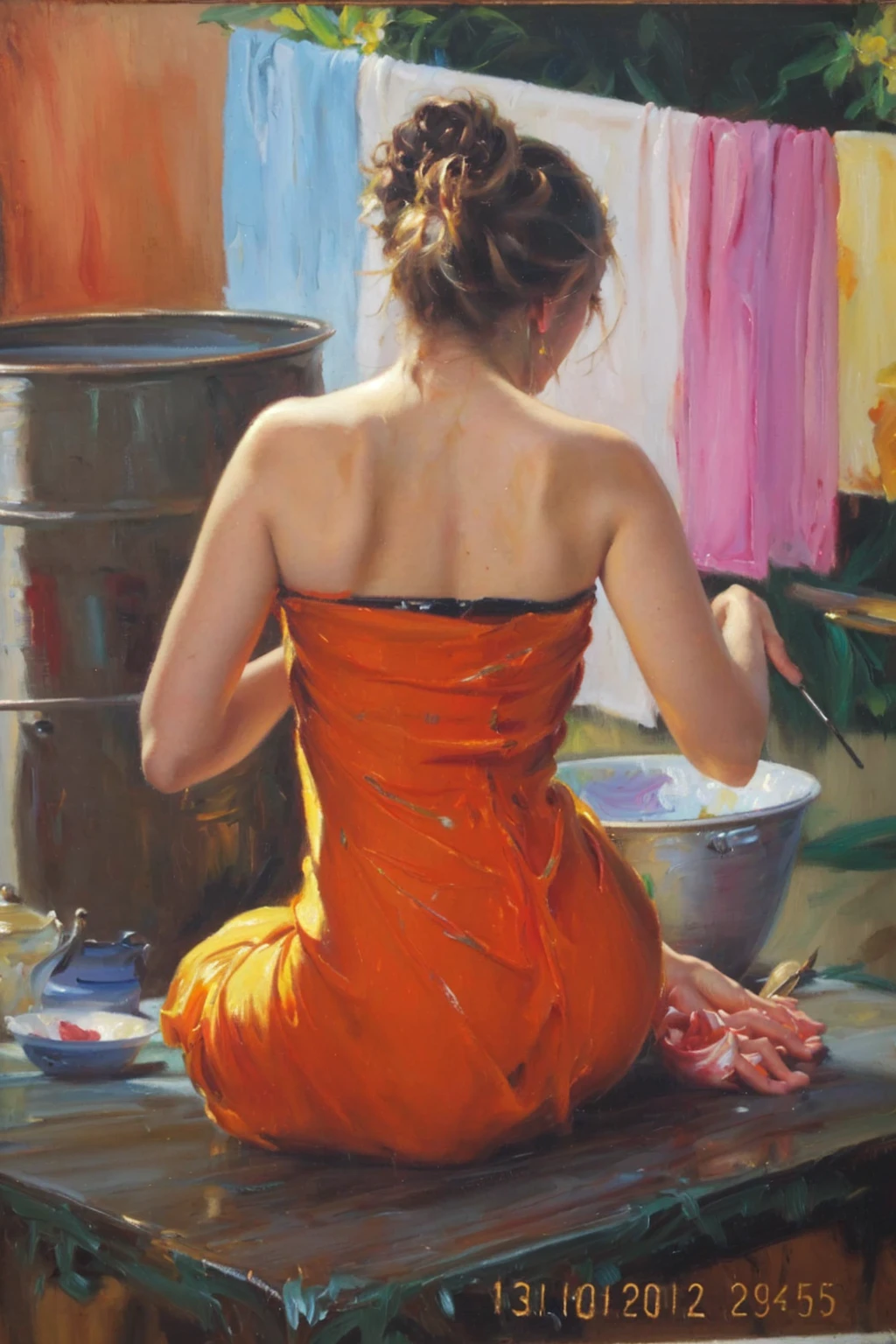 painting of a woman in an orange dress sitting on a table, oil paining, realistic oil painting, sensual painting, oil on canvas painting, oil panting, oil paiting, professional oil painting, oil panting on canvas, oil painting, detailed realism in painting, beautiful realistic painting, oil art, realistic oil paint, fine art oil painting, covered in oil painting