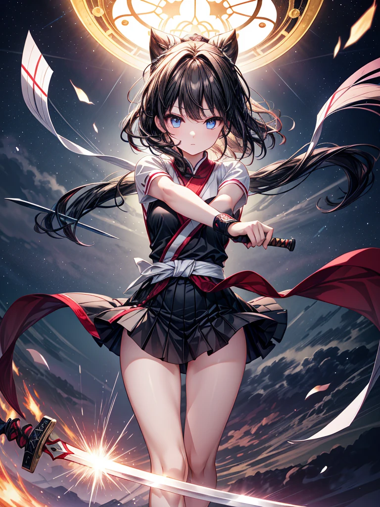 「A girl with blue eyes、With her black miniskirt fluttering、With each forceful swing of her sword,、The energy waves spread as if space itself trembles.。With a single stroke of her blade,、A trail of light is drawn across the sky from the tip of her blade,、Its path remains for a while,、A pale blue light rises, swirling,。Her swordsmanship is beautiful, like a dance,、With each strike of the sword, the air cleaves with a sound,、A flash of light,。The girl's eyes shine sharply,、With every swing of her sword,、The swirling wind around her whips her black hair,。As the sword cleaves the ground,、For a fleeting moment, after the blade passes,、Its brilliance lingers,、An effect spreads like lightning flashing,。The setting sun pierces the dojo,、Golden light and flashes engulf her,、A tense atmosphere hangs in the air,