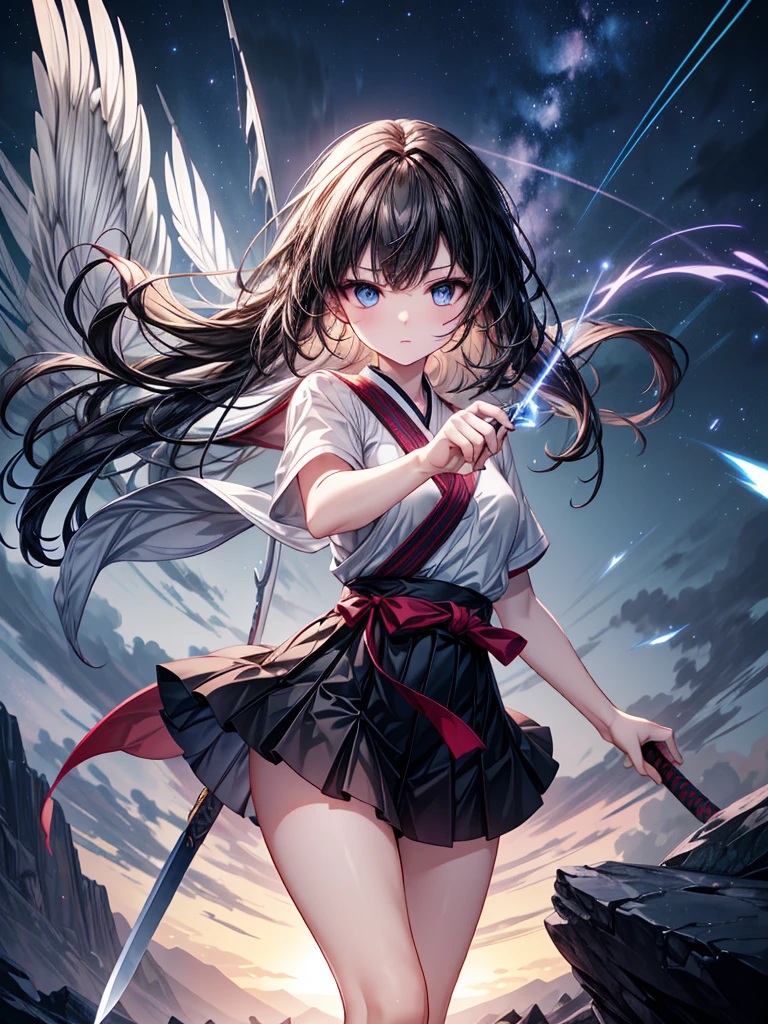 「A girl with blue eyes、With her black miniskirt fluttering、With each forceful swing of her sword,、The energy waves spread as if space itself trembles.。With a single stroke of her blade,、A trail of light is drawn across the sky from the tip of her blade,、Its path remains for a while,、A pale blue light rises, swirling,。Her swordsmanship is beautiful, like a dance,、With each strike of the sword, the air cleaves with a sound,、A flash of light,。The girl's eyes shine sharply,、With every swing of her sword,、The swirling wind around her whips her black hair,。As the sword cleaves the ground,、For a fleeting moment, after the blade passes,、Its brilliance lingers,、An effect spreads like lightning flashing,。The setting sun pierces the dojo,、Golden light and flashes engulf her,、A tense atmosphere hangs in the air,