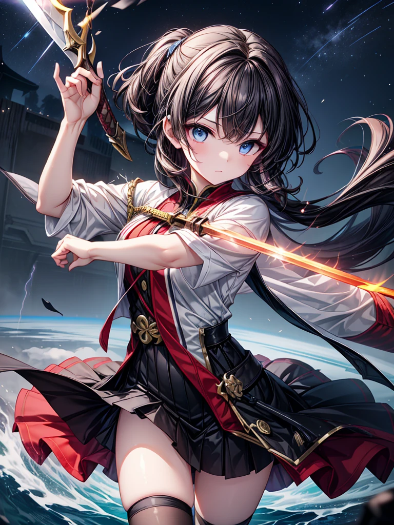 「A girl with blue eyes、With her black miniskirt fluttering、With each forceful swing of her sword,、The energy waves spread as if space itself trembles.。With a single stroke of her blade,、A trail of light is drawn across the sky from the tip of her blade,、Its path remains for a while,、A pale blue light rises, swirling,。Her swordsmanship is beautiful, like a dance,、With each strike of the sword, the air cleaves with a sound,、A flash of light,。The girl's eyes shine sharply,、With every swing of her sword,、The swirling wind around her whips her black hair,。As the sword cleaves the ground,、For a fleeting moment, after the blade passes,、Its brilliance lingers,、An effect spreads like lightning flashing,。The setting sun pierces the dojo,、Golden light and flashes engulf her,、A tense atmosphere hangs in the air,