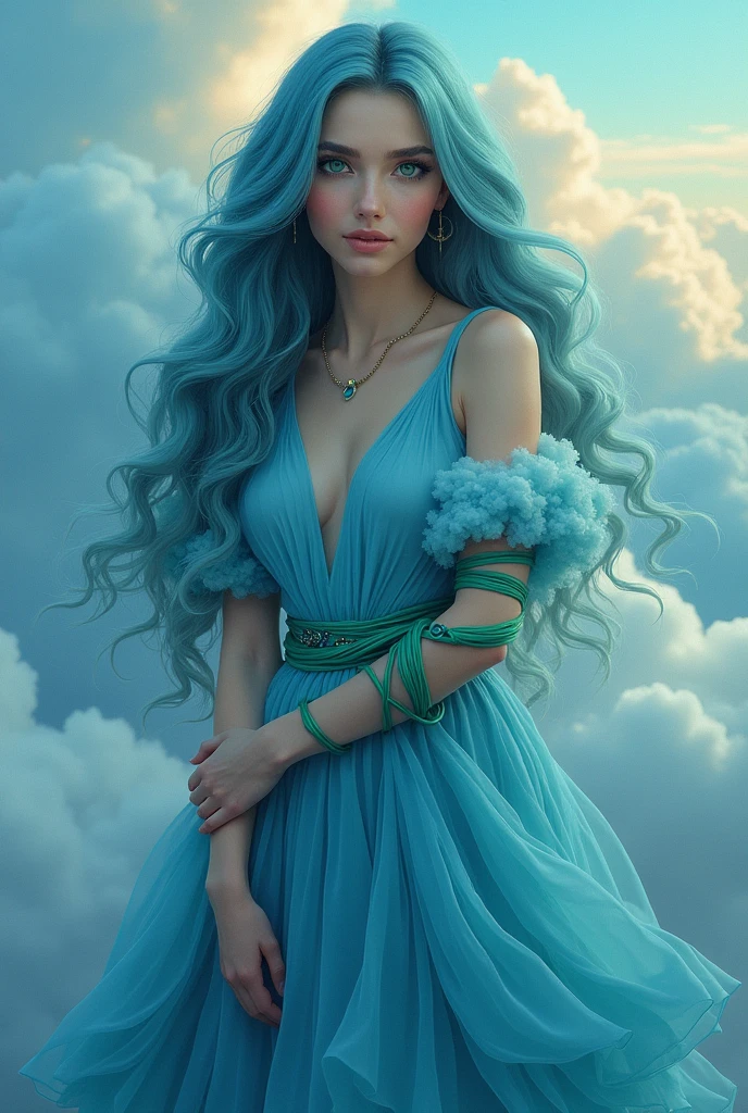 cloud goddess with a green and blue string wrapped around her arm and blue long hair, she is white, has make-up on her face, blue dress and have a green eyes and standing, blue and green clouds around her arms