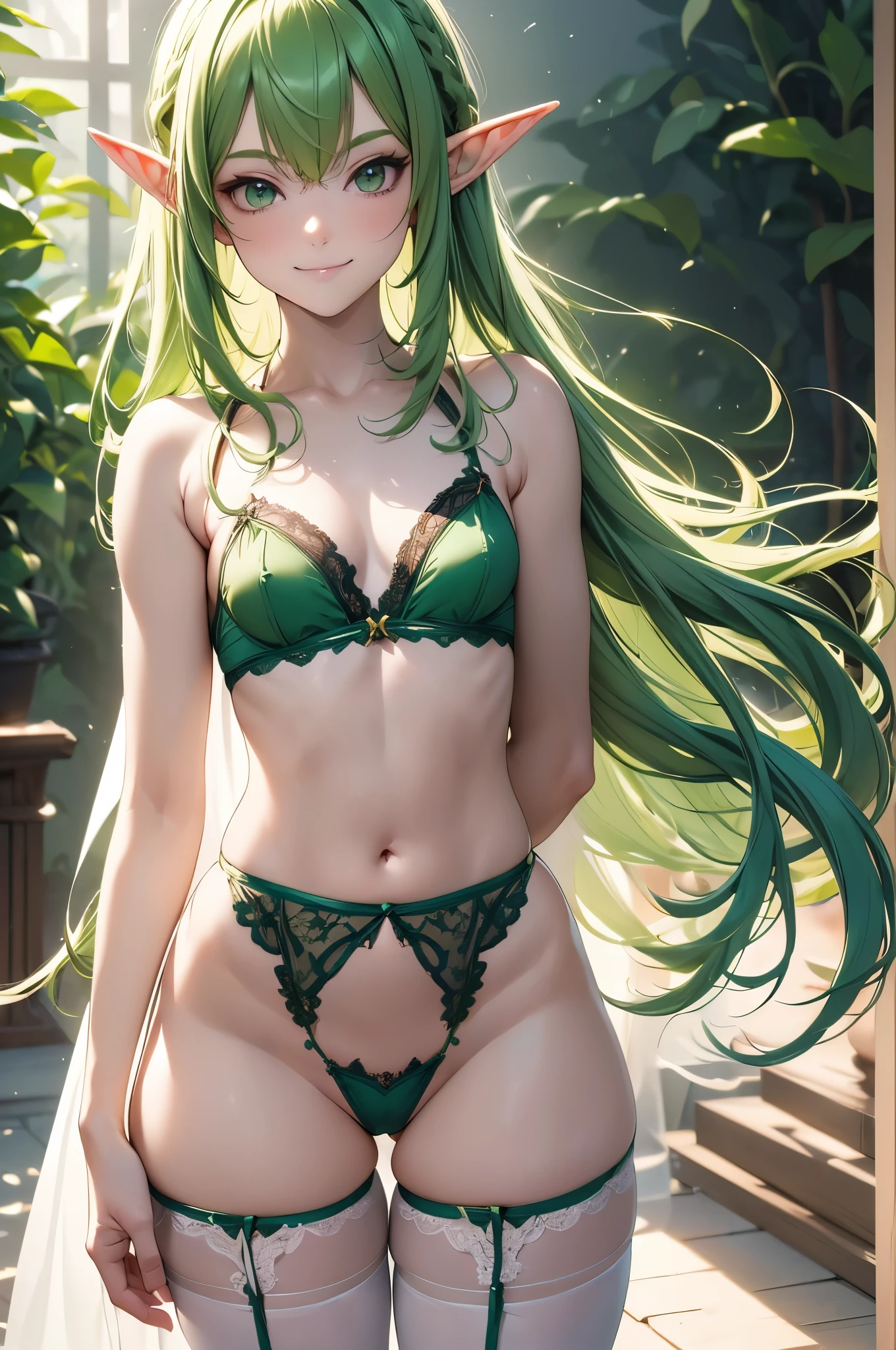 ((Top quality)), ((masterpiece)), (details),
High resolution, super detailed, very detailed CG Unity 8k wallpaper, real, photorealistic,
Beautiful fine face, detailed face.
Pale skin, realistic shining skin.
Detailed fabric texture, detailed hair texture.
(Eyes with attention to beautiful details: 1.5),
(Small hand), ((perfect hand)).
Slim legs, detailed legs.
((Perfect Anatomy)).
Perfect lighting.
Break
A elf girl,age:25,
(Green hair:1.3),
Medium Hair, Perm Hair,
((Half smile:1.6)),
(elf ears :1.6),
(Slender: 1.1), (small chest: 1.2),
(Small butt: 1.2), (muscular: 1.3)
(Fluffy thighs: 1.1),
(elven robe), (String panties:1.2), (garter straps:1.3),
Arched Backing,
Break
Background deep forest,