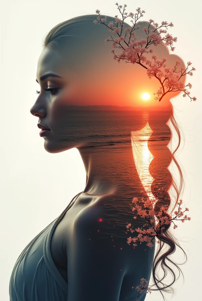high quality, 8K Ultra HD, A beautiful double exposure that combines an goddess silhouette with sunset coast, sunset coast should serve as the underlying backdrop, with its details incorporated into the goddess , crisp lines, The background is monochrome, sharp focus, double exposure, by yukisakura, awesome full color,