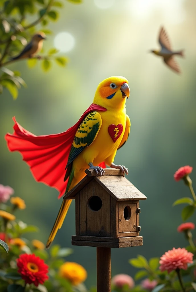 Yellow quaker parakeet dressed like superhero