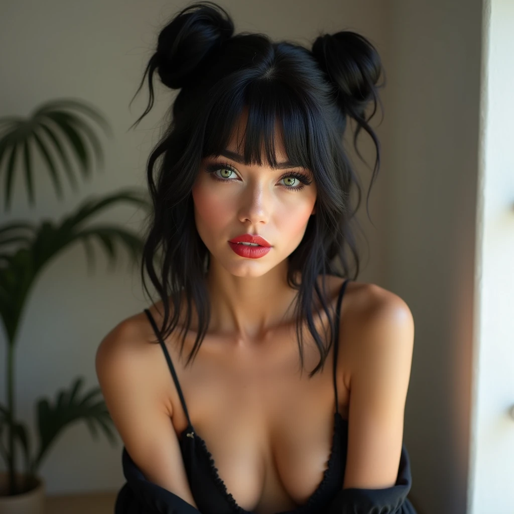 beautiful 29 year old IG model, latina, skate style ,green eyes , the most beautiful woman in existence, influencer, perfect body posing in sexy clothes,in a minimalist room the most beautiful face of a woman, black hair, two buns and straight bangs,bright pupils, naughty face, red lips, hyperrealism, depth of field, UHD, masterpiece, high details, highres boudoir photography