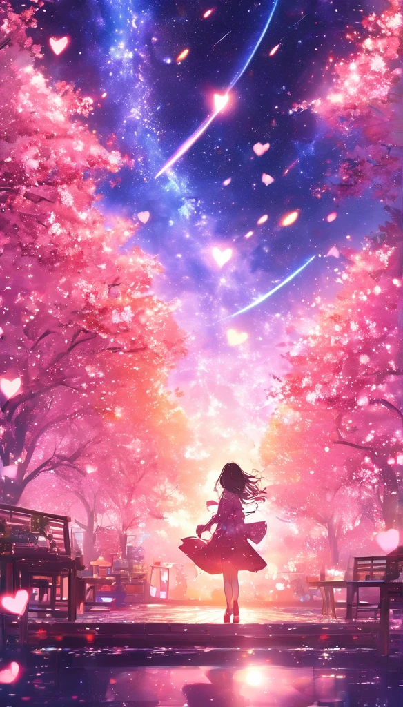 masterpiece, Concept Art, Panorama, in the center, shape, Wide Shot, garden, night, (meteor), Space galaxy background, (Great composition, Epic scale), Dynamic Lighting, Bright colors, cherry blossoms,1 Girl,Glowing light particles、heart、heart、love affair