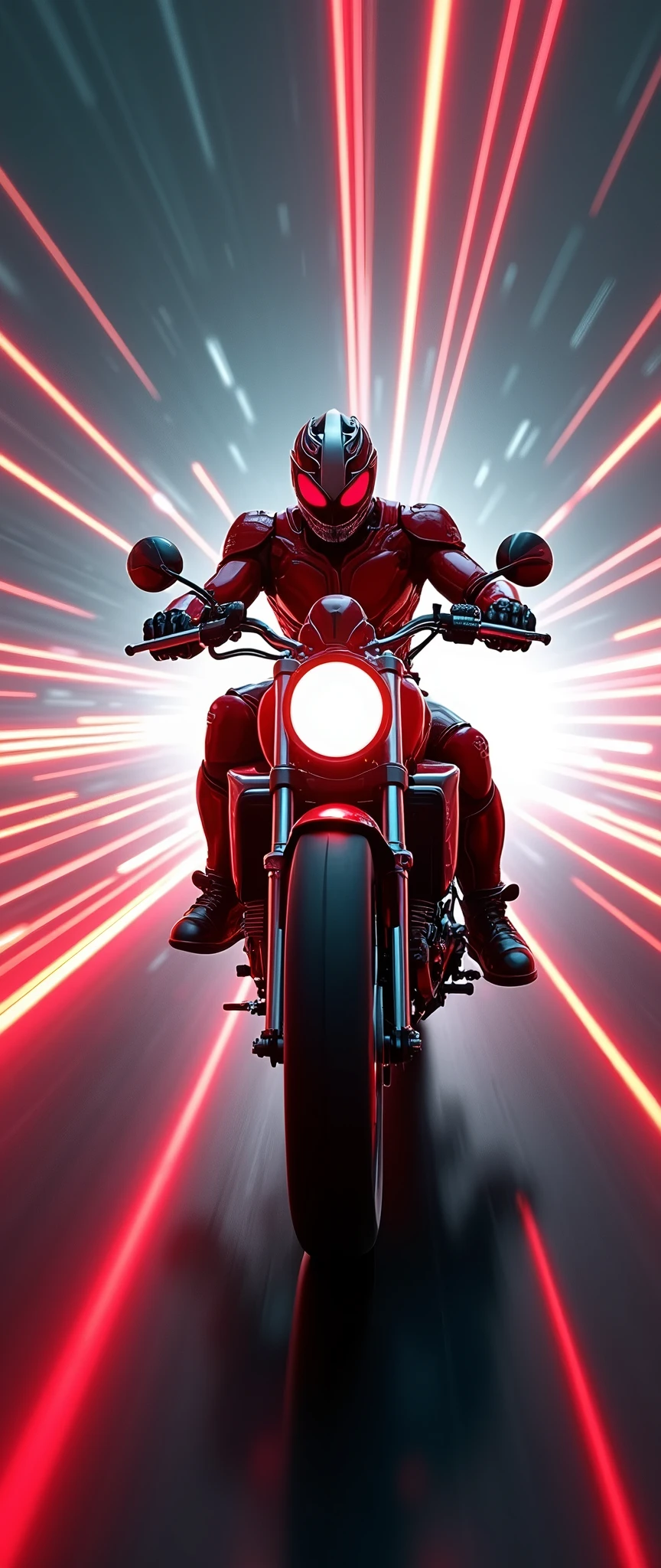 (masterpiece,8k,wallpaper),(Ray Tracing),(sf:2.0),(cyber punk:2.0),(Kamen Rider riding a motorcycle:2.0),(A red Kamen Rider based on Mickey Mouse:2.0),(Motorcycle in the style of Kamen Rider),(Camera footage from the front of the aircraft:2.0),(Warping motorcycle:2.0),(Expressing superluminal speed with a beautiful white line of light:2.0),(The background is a wormhole:2.0),(VFX:2.0,CG:2.0),(Motion Blur)