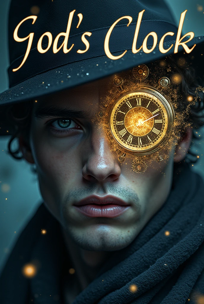 Novel, Webnovel Style, God's Clock, "God's Clock", God's Clock in text, A text saying "God's Clock", God's Clock, only left male eye is a metallic clock, only the eye in tge image,  MALE