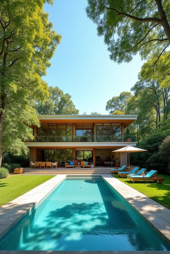 Create a complete drawing of an airy house with trees and a swimming pool,