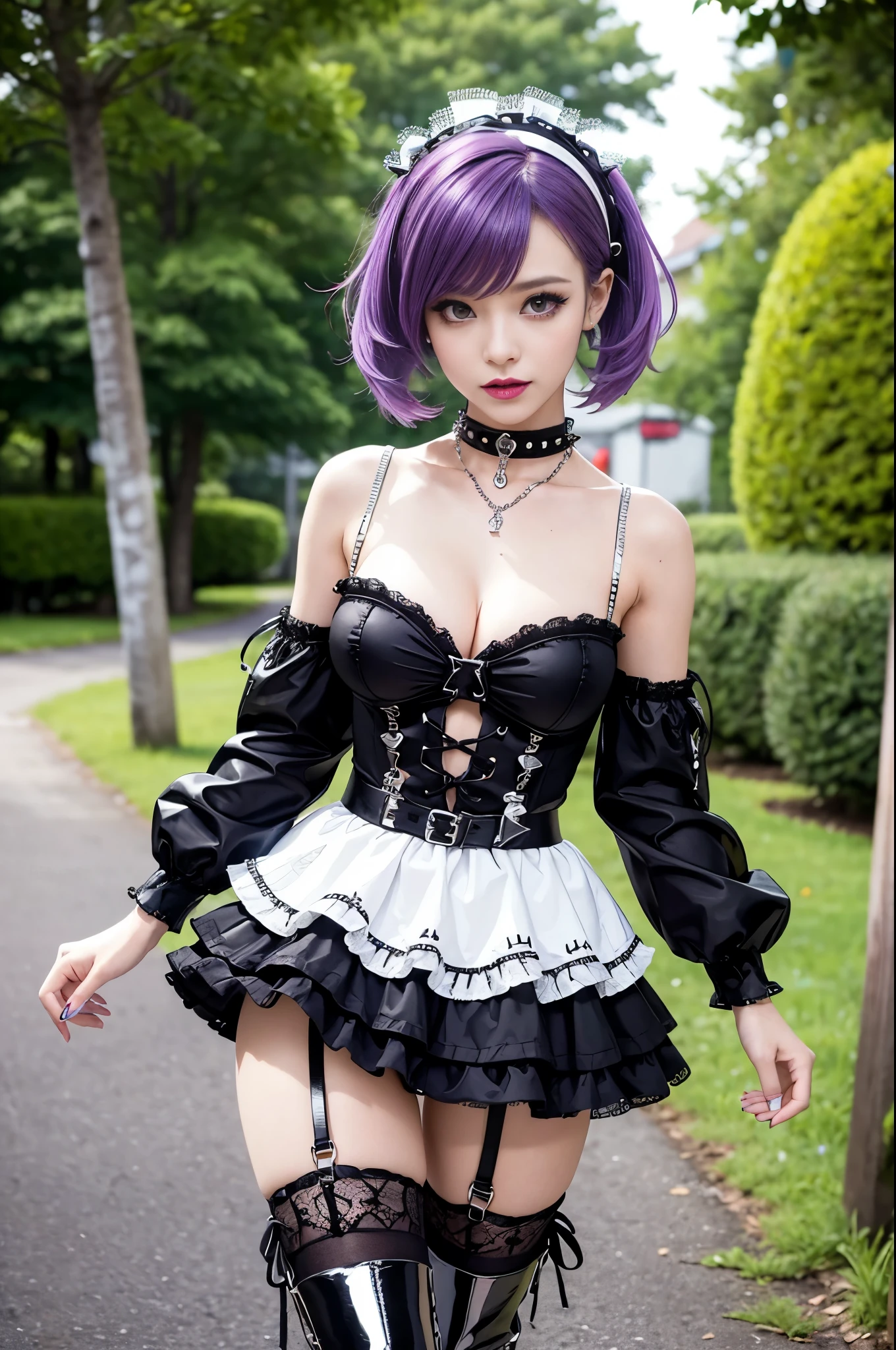 (nsfw), sexy stylish Swedish model, only 1 female, ((doll-like appearance)), short purple stylish hair, ((shiny Punk-Style boots)), (big smile), ultra detailed eyes, Punk makeup, lipgloss, ((sexy Punk ta cosplay)), unconventional skirt, petticoats, high neckline, ((ultra detailed lace)), ((ultra detailed embroidery)), intricate details, tartan patterns, (silver chains), (silver spikes), (safety pins), Punk Loliccessoires, Punk Lolita cr, ((large sparkling Punk Lolita jewel, cinematic light, detailed large park background with trees