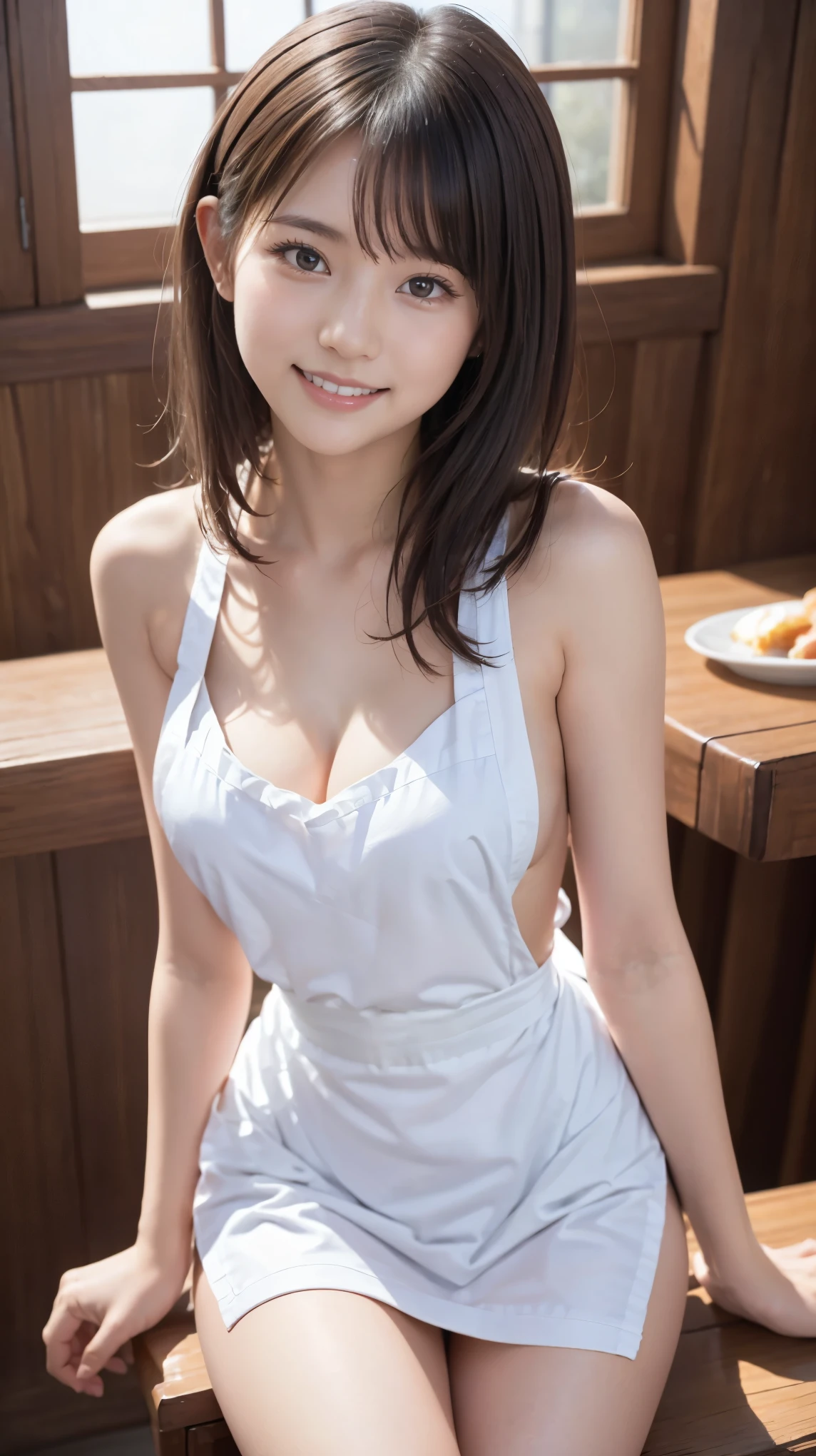 Glowing Skin, Moisturizing lips, Highly detailed skin, (Beautiful face and eyes in every detail:1.2、Professional photography techniques), One person、Slender body line、(Beautiful breasts)、((Tight waist:1.2))、Small beautiful butt:1.2、Thin thighs、Slim Belly、sexy、Cute Face、Beautiful Eyes、Spotlight, Professional Lighting, (Upper Body:0.6), (((Naked Apron:1.2、Cute Apron))), ((Women, Baby Face:1.3, Idol Face)), Beautiful white skin, Highest quality、Highest quality、Masterpiece、Ultra-detailed、Realistic:1.37、The right move、Beautiful Hair、(Two side up hairstyle)、(Perfect Anatomy)、(((Sitting down at the dining table with the viewer for breakfast、Looking at the viewer happily)))