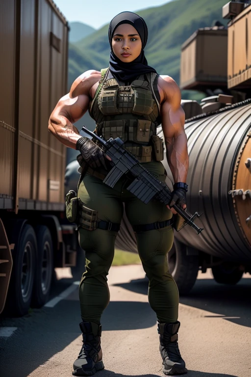 Photorealistic, high resolution, 1 malay woman in hijab, Solo, Hips up, army camp background,view the viewer, (Detailed face), White hijab, SWAT vests, sniper rifle handle, Black military uniform, bulletproof vest, Holding an assault rifle, M16, Inside the city, Very detailed, Perfect face, Black eye, jewelry, (full body view)