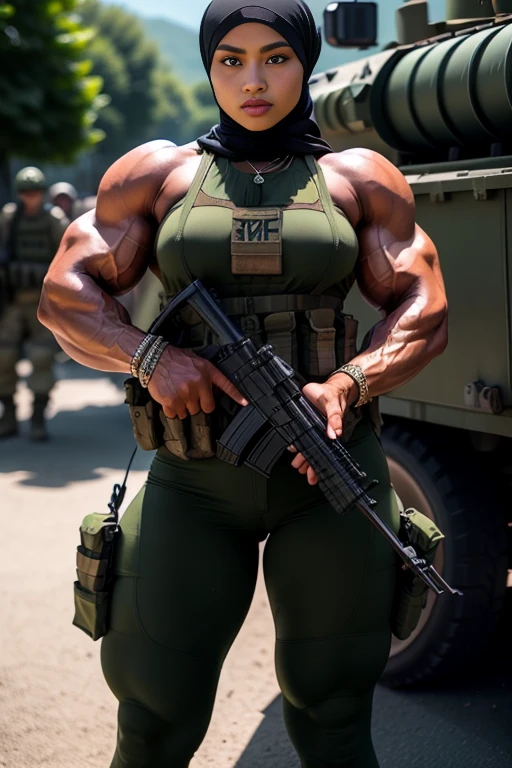 Photorealistic, high resolution, 1 malay woman in hijab, Solo, Hips up, army camp background,view the viewer, (Detailed face), White hijab, SWAT vests, sniper rifle handle, Black military uniform, bulletproof vest, Holding an assault rifle, M16, Inside the city, Very detailed, Perfect face, Black eye, jewelry, (full body view)