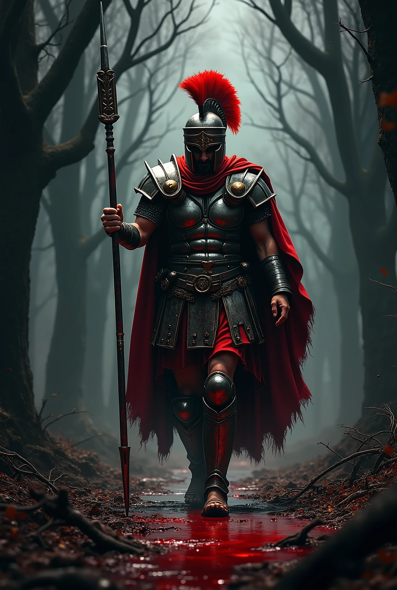 CG concept image has a dark tone, a Roman centurion wearing full armor and a helmet with a red plume on top, with only his eyes visible, long red cloak over the armor and is holding a Spears in his right hand, Walking in a stream of blood , in action, The background is dark forest, The image is detailed with realistic light and shadow.