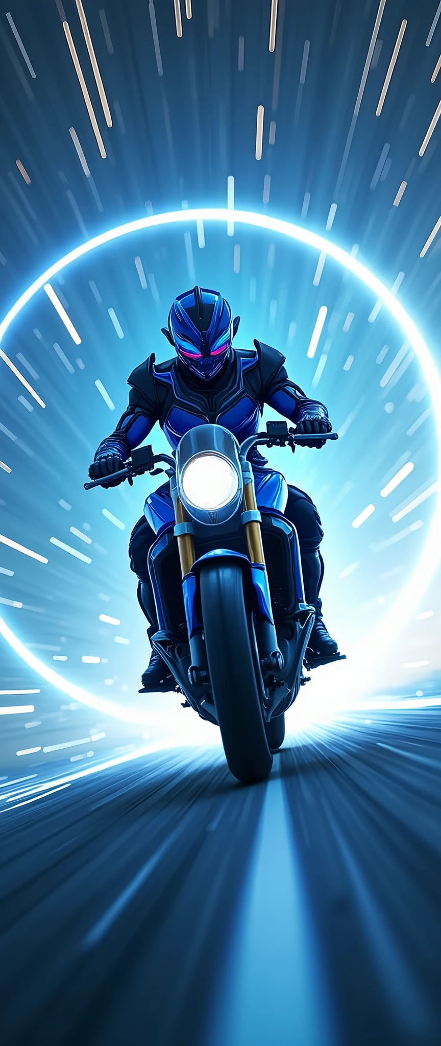 (masterpiece,8k,wallpaper),(Ray Tracing),(sf:2.0),(cyber punk:2.0),(Kamen Rider riding a motorcycle:2.0),(A blue Kamen Rider with a swallow motif.:2.0),(Motorcycle in the style of Kamen Rider),(Camera footage from the front of the aircraft:2.0),(Warping motorcycle:2.0),(Expressing superluminal speed with a beautiful white line of light:2.0),(The background is a wormhole:2.0),(VFX:2.0,CG:2.0),(Motion Blur)