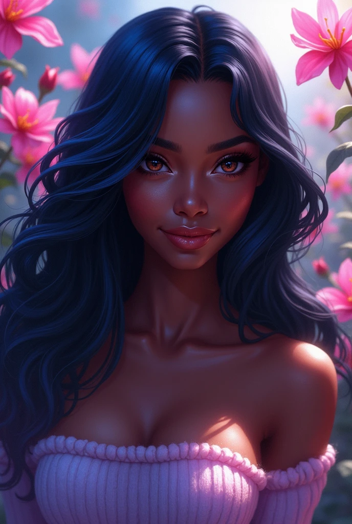 Selena from the Mobile Legends Bang Bang game in an explicit upper body shot, ((beautiful black woman with flawless dark skin)), long hair with blue gradient shine, clearly defined facial features, big detailed eyes, ((( wearing an off the shoulder sweater))) bright flowers in the background, masterpiece, best high quality image,96k, HD, depth of field, 1080P wallpaper, Stand out, Character focus, high quality, incredibly detailed, UHD image quality in the style of Amy Sol