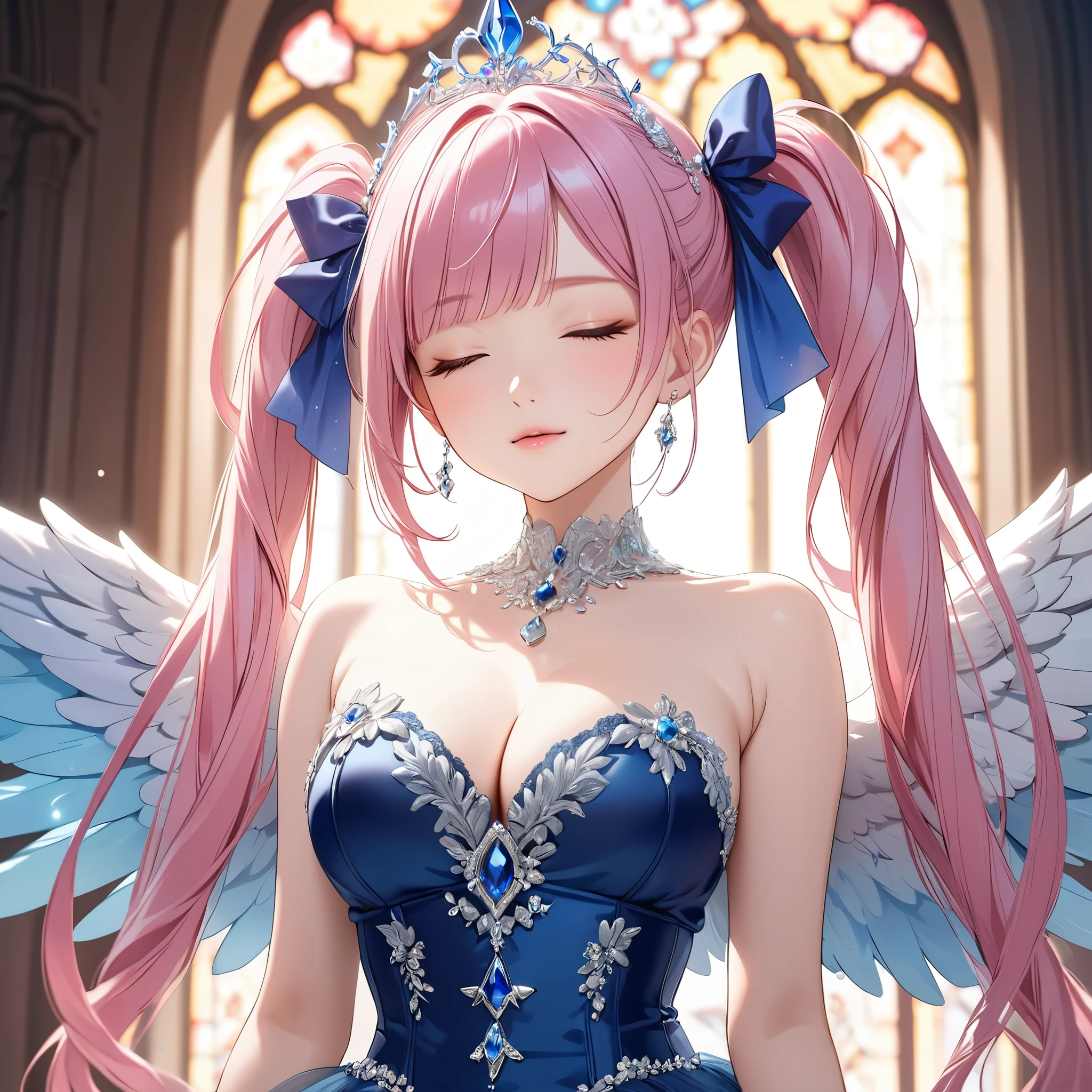 (8k, masutepiece, Best Quality, Official art, beautiful detailed, beautiful lighting, best masterpiece in history that exceeds limits), (1 Girl, 独奏), (sixteen years old), (beautiful detailed face), (shiny white skin), (Beautiful big bust, cleavage:1.2), (Beautiful detailed pink twintails hair, bangs:1.3), (close eyes:1.5), (Beautiful Luxurious blue Princess Dresses, See-through intricate lace, cute bow ribbon, a lot of see-through frill, sheer chiffon material, silver thread, Diamond, pearl, corset), (Beautiful Luxurious Diamonds Tiara), breathtaking scenery, church, Stained glass, (Prayer Pose, Attractive), (Beautiful fantastic angel wings:1.3)