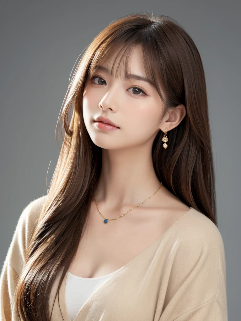 ((Highest quality, 8k, masterpiece:1.3)), concentrate: 1.2, Perfect body beauty: 1.4, Hips: 1.2, ((Long Hair, chest: 1.2)), (Dry clothes: 1.1) , (clear, Simple Background:1.3), Simple clothes: 1.1, Highly detailed face and skin texture,Delicate eyes, double eyelid, Whitened skin, Rough skin、Long Hair、bangs、Simple earrings、necklace、 solo、Beige coat、White shirt, (((Cute and beautiful Japan)))、 ((Beautiful 20-year-old Japanese))、 ((Baby Face))、 (((Slender body)))、 Upper Body,Face focus、necklace,Simple Background,From above, Realistic Hair、 A photograph was taken:Canon EOS R6、135mm、1/1250 seconds、f2.8、ISO400、(Detailed explanation of the hand)、(Masseter muscle area)、(Exquisite CG)、Long Hair, loose and curly hair、Korean Hair、Long Hair明るいベージュ色、グラデーションハイライトグレージュのゆるふわLong Hairスタイル、