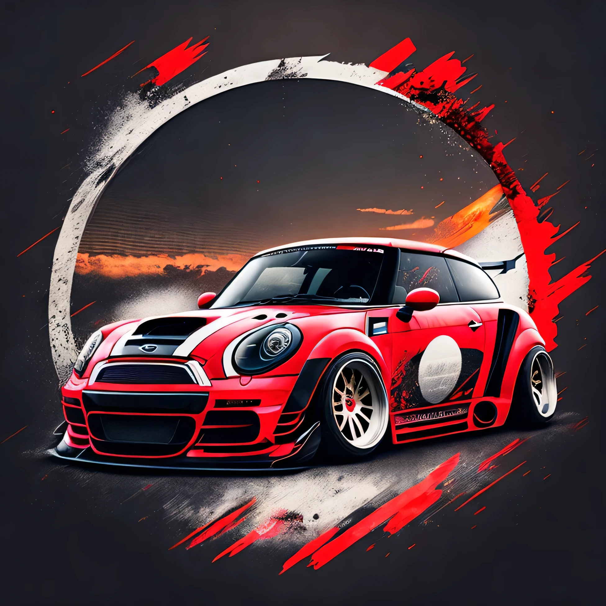 Zephyr Designz circlular splash style Artwork for t-shirt graphic design a race inspired graphic design front profile shot R56 JCW Mini Cooper S red colour scheme, Zephyr Designz carbon fibre body kit design, Liberty walk ultra wide body kit, aggressive stance background: racetrack, outside old industrial style building, large windows in background, bright sky, heavy industrial look, 8K quality, realistic, realism, sharp, detailed, ultrawide, ,epic ultra wide body kit, super low stance, aggressive looks , vector image, t shirt design circular faded edges