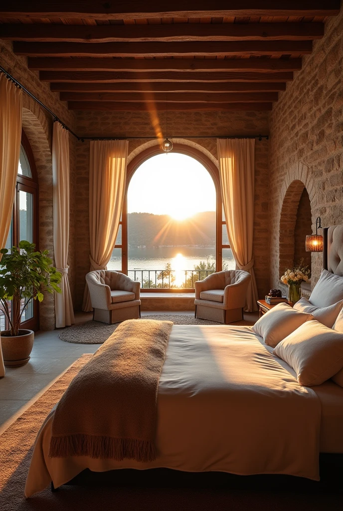 Imagine a beautiful villa in Italy Stone one bedroom with a beautiful huge in the bed. The room should be very beautifully furnished. Beautiful modern very bad and then with a view of the lake. Then beautiful and sunset