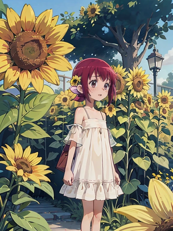 Realistic Skin, Ecstasy, Very short stature，Very thin thighs，13 years old，Small child:1.3，((Fully transparent:1.3) Floral Casual Dresses)，naked，outside，Midsummer Garden，Sunflower flowers，