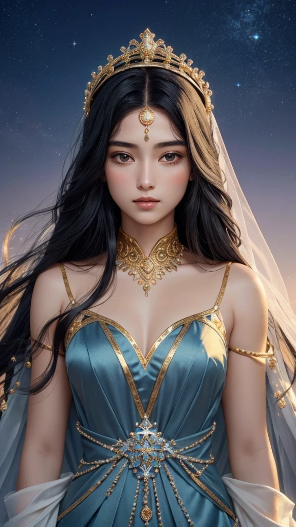 "A serene and ethereal goddess with long, flowing black hair that shines like silk under the moonlight. She exudes an aura of purity and grace, embodying a sense of quiet elegance. Her attire is simple yet regal, with a flowing garment that fully conceals her upper body, reflecting her modesty and inner strength. Atop her head rests a delicate crown made of intertwined gold and silver, adorned with small, glowing gems that resemble stars. The image focuses on her upper body, with the goddess facing directly forward, her calm and gentle expression highlighted against a tranquil, twilight landscape with soft hues of blue and purple."
This prompt includes the requested elements: concealed upper body, a focus on the upper body, and a forward-facing pose.