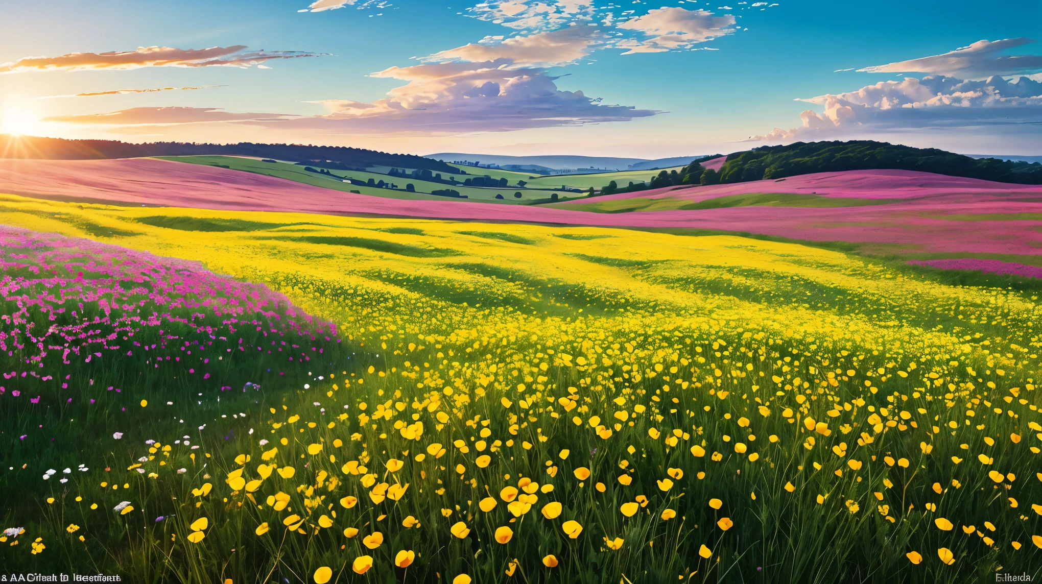 The painting depicts a vast expanse of wildflowers, stretching towards a distant horizon. The field is a riot of color, with various hues of pink, purple, yellow, and white dominating the scene. Individual blooms, such as daisies, poppies, and buttercups, can be discerned amidst the sea of color. The flowers appear delicate, with dew-kissed petals glistening in the morning sunlight.

The sky above is a clear, brilliant blue, punctuated by fluffy white clouds. The sunlight casts long, dancing shadows of the flowers onto the green carpet of grass. In the distance, a gentle hill rises, its slopes covered in a patchwork of fields and woodland.