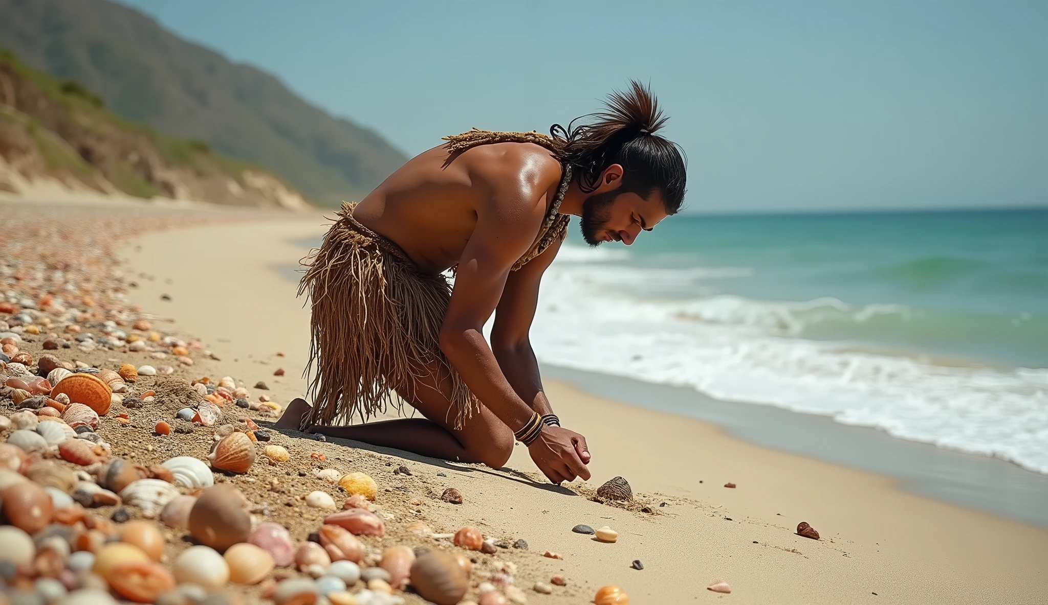 Holocene period, primitive man, wearing clothes made of bird feathers and leather from rustic animals, little body coverage on a remote beach with lots of oysters, Seashells, fish bones and on the ground , catando Seashells na areia, dead fish on the sand, pilhas de Seashells perto