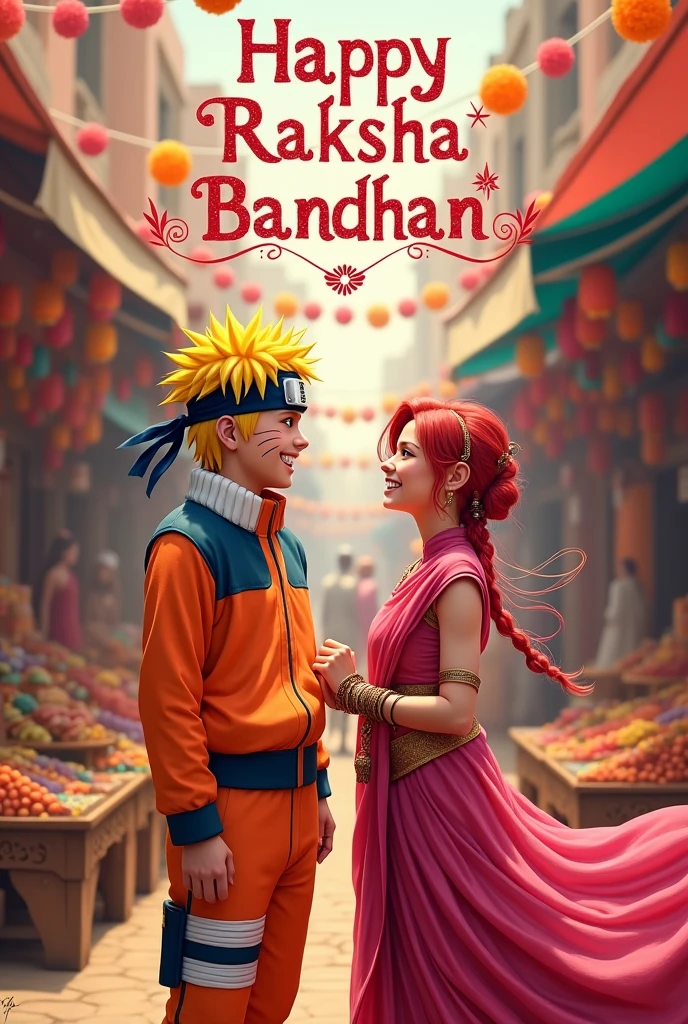 Naruto and Sakura in India wish a happy Raksha Bandhan. Happy Rakshabandhan written in large letters.