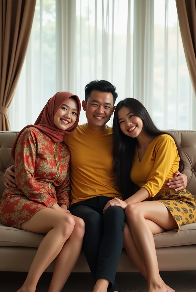 (photorealism:1.2), 2 beautiful Malay girls are sitting on a long sofa, smile, one is wearing baju kebaya with hijab, bigger breast, another one is wearing yellow tight t shirt with short skirt, big breast, sexy legs, up skirt, very big buttock, in a cozy and bright room, both are looking at audience. One Malay handsome man is sitting between the girls and hugging them.