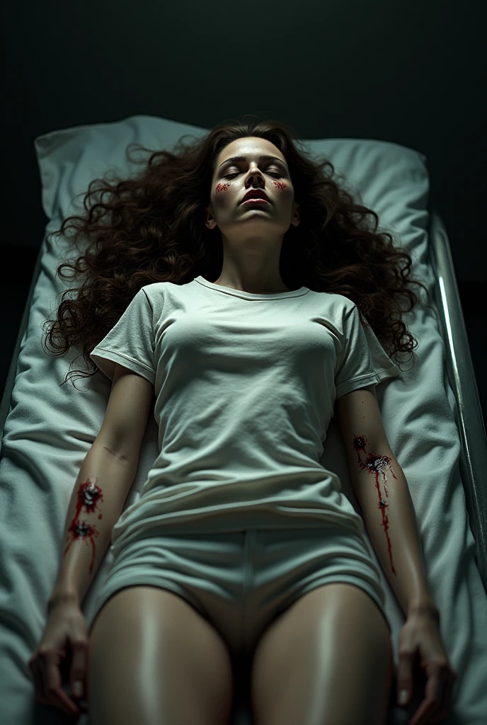((melhor qualidade)) ((hiper realista)) ((Hiper detalhado)) corpse of a Very pale hot and beautiful brunette girl, with beautiful body and leg, beautiful nose, beautiful mouth, longe curly hair, Very Very big boobs, dressing sexy t-shirt and shorts, dead in mortuary by gunshots, small wholes in your body by The gunshots, blood dripping of your body, closed eyes