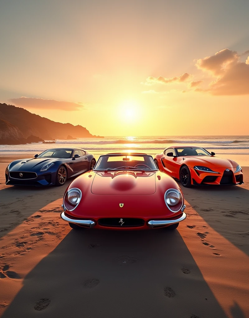 A picturesque vintage scene featuring three iconic cars, each in a different color and angle, positioned together at sunrise on a stunning beach. In the center is a classic red Ferrari, viewed head-on with its sleek curves catching the first rays of sunlight. To the left, a deep blue Nissan GTR is angled slightly towards the Ferrari, showcasing its powerful side profile. On the right, a vibrant orange Toyota Supra is angled towards the viewer, emphasizing its bold, sporty front. The background displays a breathtaking sunrise with the sun half-risen above the horizon, casting a warm golden light across the serene beach, where gentle waves meet the shore. The overall composition blends the beauty of classic automotive design with the tranquility of a perfect morning by the sea
