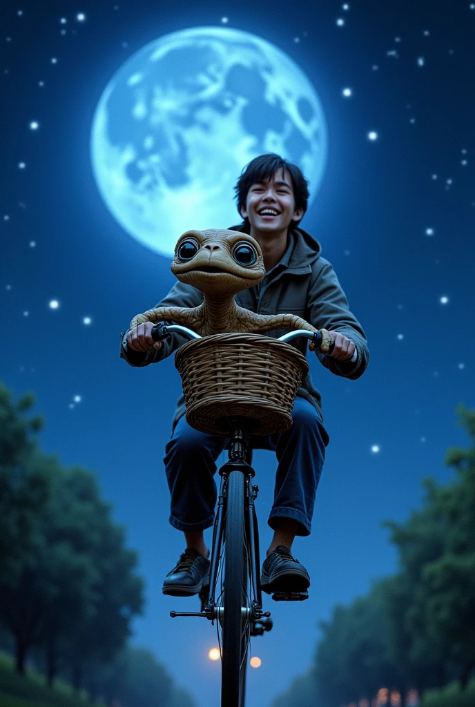 E.T. and the main character flying in the sky on a bicycle with the famous blue moon from the movie E.T. in the background, E.T. in the basket of the bicycle