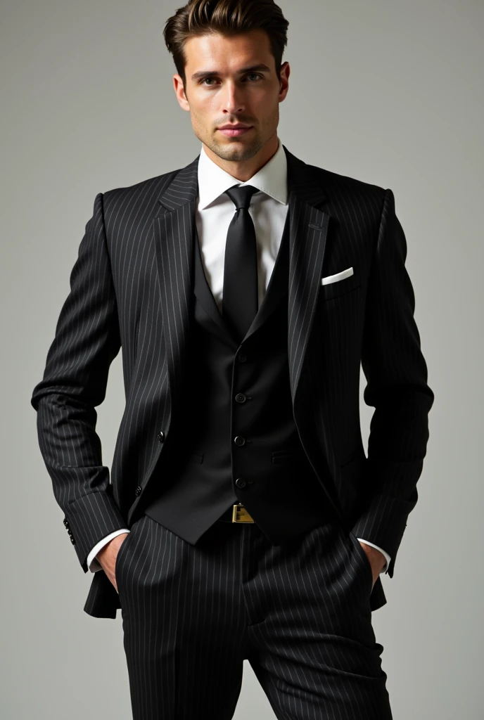 　Black pinstripe suit。Under the jacket、A black vest peeks out as well.。The shirt is pure white,、the tie is also black,、gives the overall look a chic and sophisticated impression.。The subtle contrast of colors、creating a beautiful harmony.。