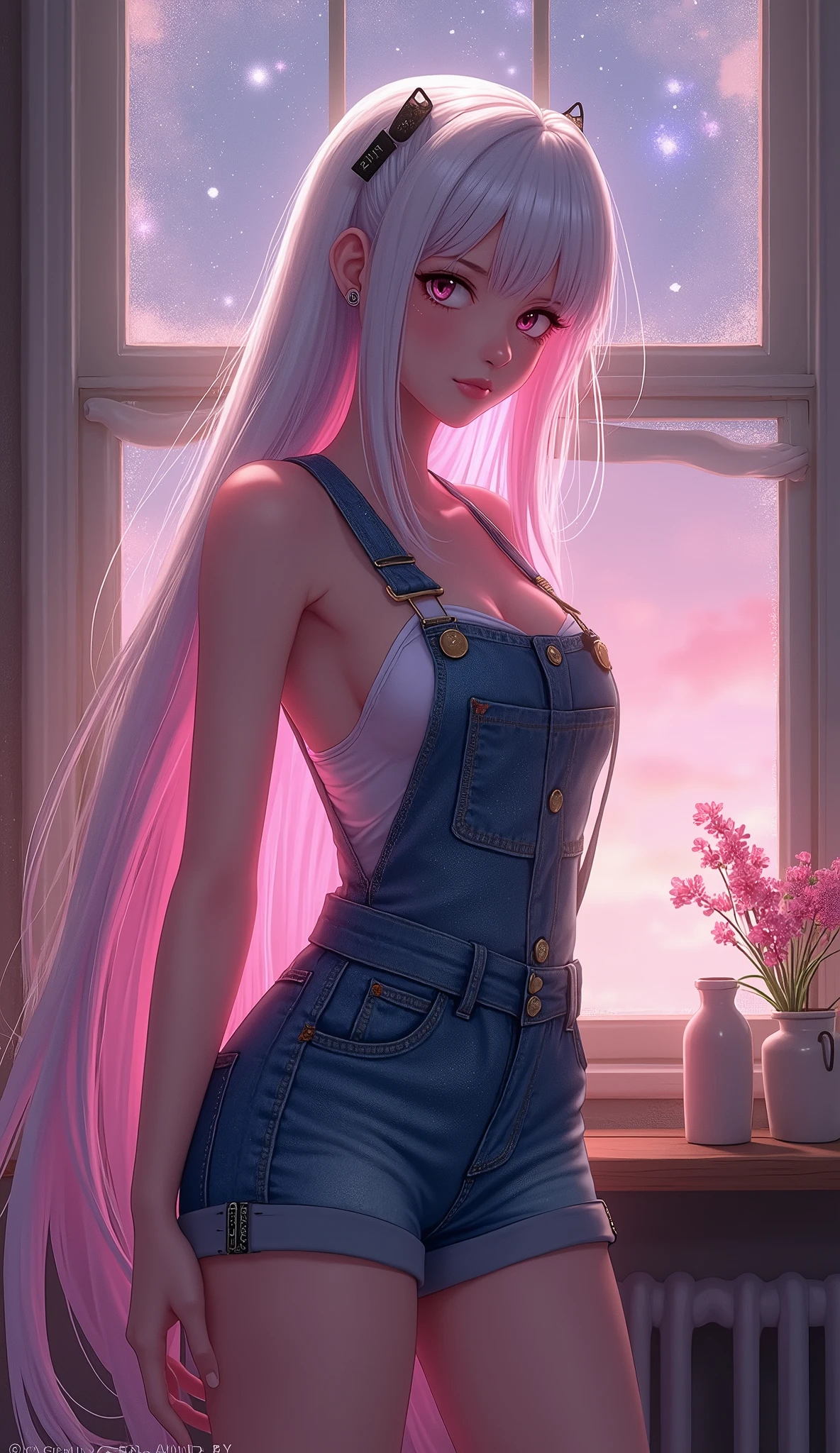 photorealistic,Realistic illustration in Modelshoot style,((masterpiece)),((The best quality)),((Ultra Quality)),((ultra detailed)),((1girl long white hair)),((Only)),((waifu:1.5)),Perfect anatomy,perfect hands,beautiful cuerpo,beautiful_method,ulzzang-6500-v1,e-chica,((Exceptionally Beauty Waifu Princess Tifa Lockhart)),blonde wavy hair, gradient hair, pink highlights in hair, big breasts, standing, makeup, glossy lips, full lips, (natural lighting), in room, night, cute denim short jumpsuit, shy smile, belly, collarbone, in love, cute gesture,((bright-pink_eyes)),long wavy hair, ((white hair)),hair clips,eyeliner,cute makeup,lipstick,Glossy lipstick,with a look of terror, worry and sadness,((eyes detallados perfectos)),rainy with fog outside,evening,pink theme,bioluminiscencia,light particles,((Extremely CG Unity 8K Wallpaper)),((cinematic lighting,Best quality lights)),intricate details,Suave,sharp focus,Extremely beautiful and aesthetic,Octane rendering,Full length portrait,damp skin,((Perfect detailed body)),